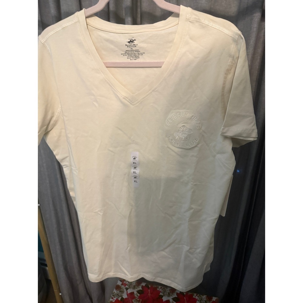 Beverly Hills Polo Club Womens V-Neck T-Shirt‎ Cream Embroidered Logo XL NWT